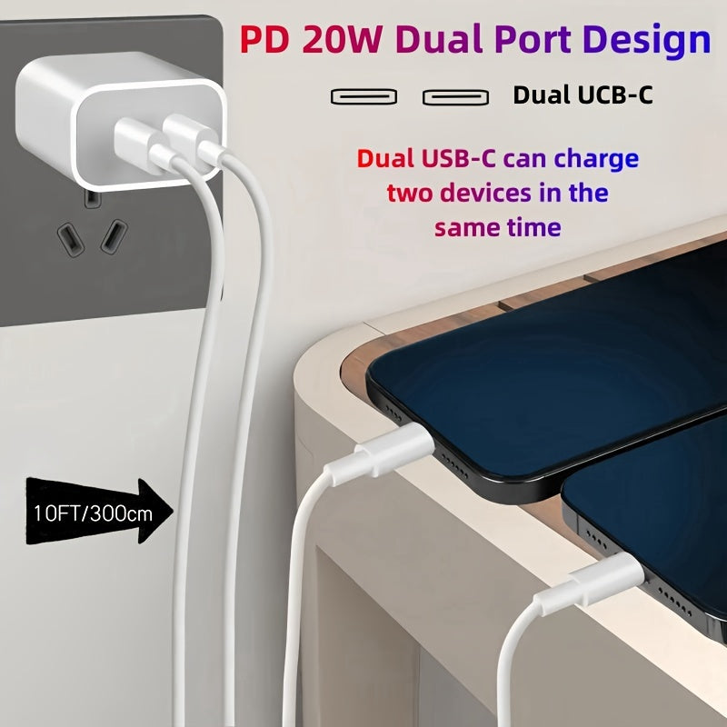 1/2Pack 20W For IPhone 16/16 Pro Max Charger Fast Charging, 20W Dual Port USB C Charger Block With 10FT Long USB C To C Charging Cable Cord For IPhone 16/16Pro/16Pro Max/ 15 Pro Max/15Pro/15/15Plus, For IPad Pro/Air, For Sams