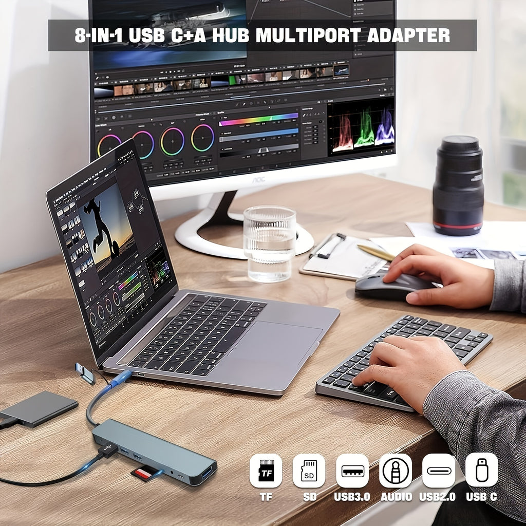 8-in-1 USB Hub With 4 USB Ports, USB-C Connector, TF/SD Card Reader, Audio Output, Compatible With MacBook/iPad Pro/Dell/HP Laptops & Phones, 5.3in Cable - High-Speed Data Transfer & Expansion