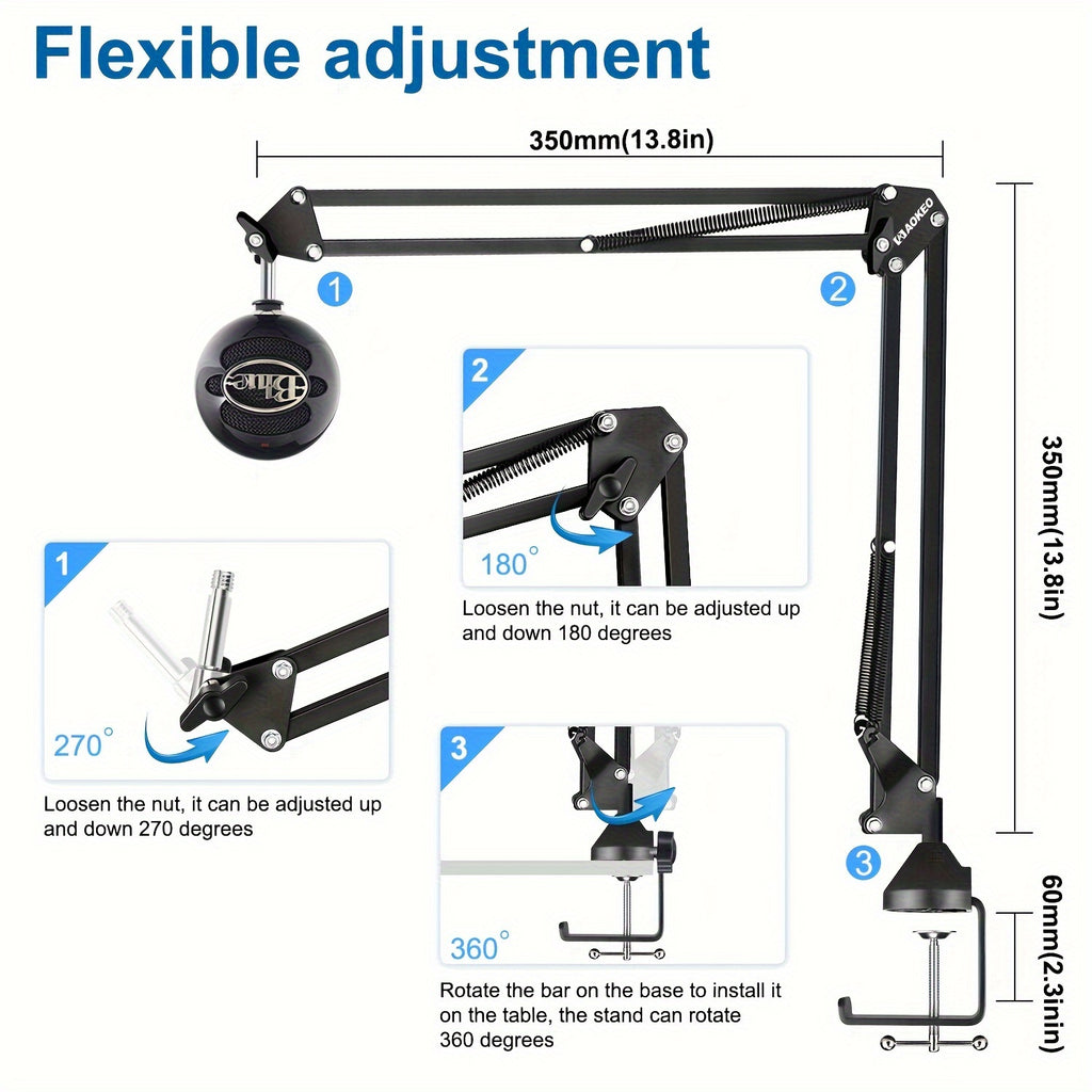 Microphone Arm, Aokeo AK-35 Microphone Desktop Stand - Microphone Suspension Rod Scissor Arm Stand Suitable For Blue Snowman, Blue Snowball ICE, QuadCast, Elgato