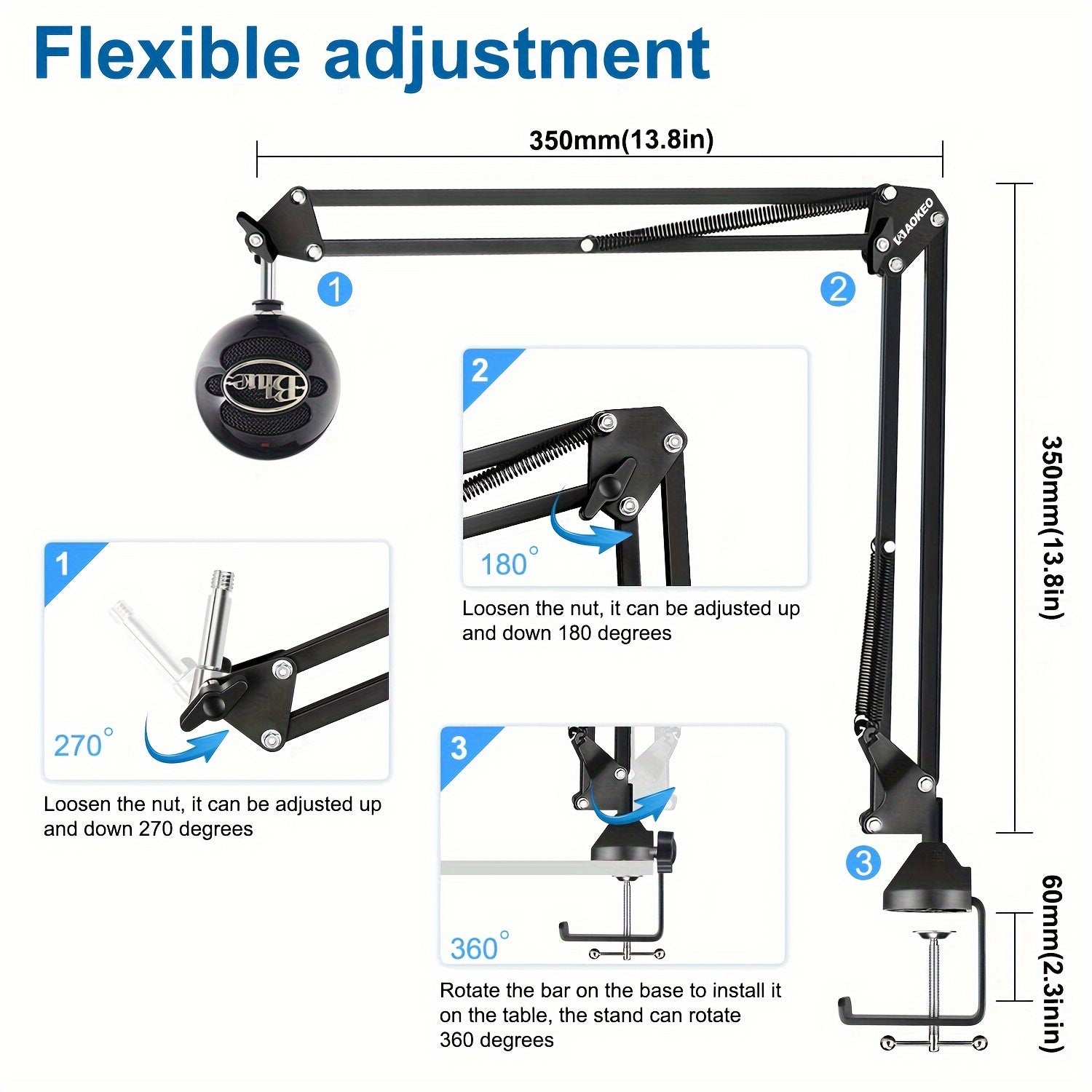 Microphone Arm, Aokeo AK-35 Microphone Desktop Stand - Microphone Suspension Rod Scissor Arm Stand Suitable For Blue Snowman, Blue Snowball ICE, QuadCast, Elgato