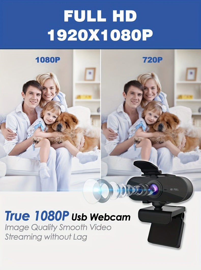 1080P HD Full Web Camera with Microphone, USB Powered, Auto Exposure, Fixed Focus, Prime Lens, for Video Conferencing, Online Meetings, Student Classroom, and Work Use