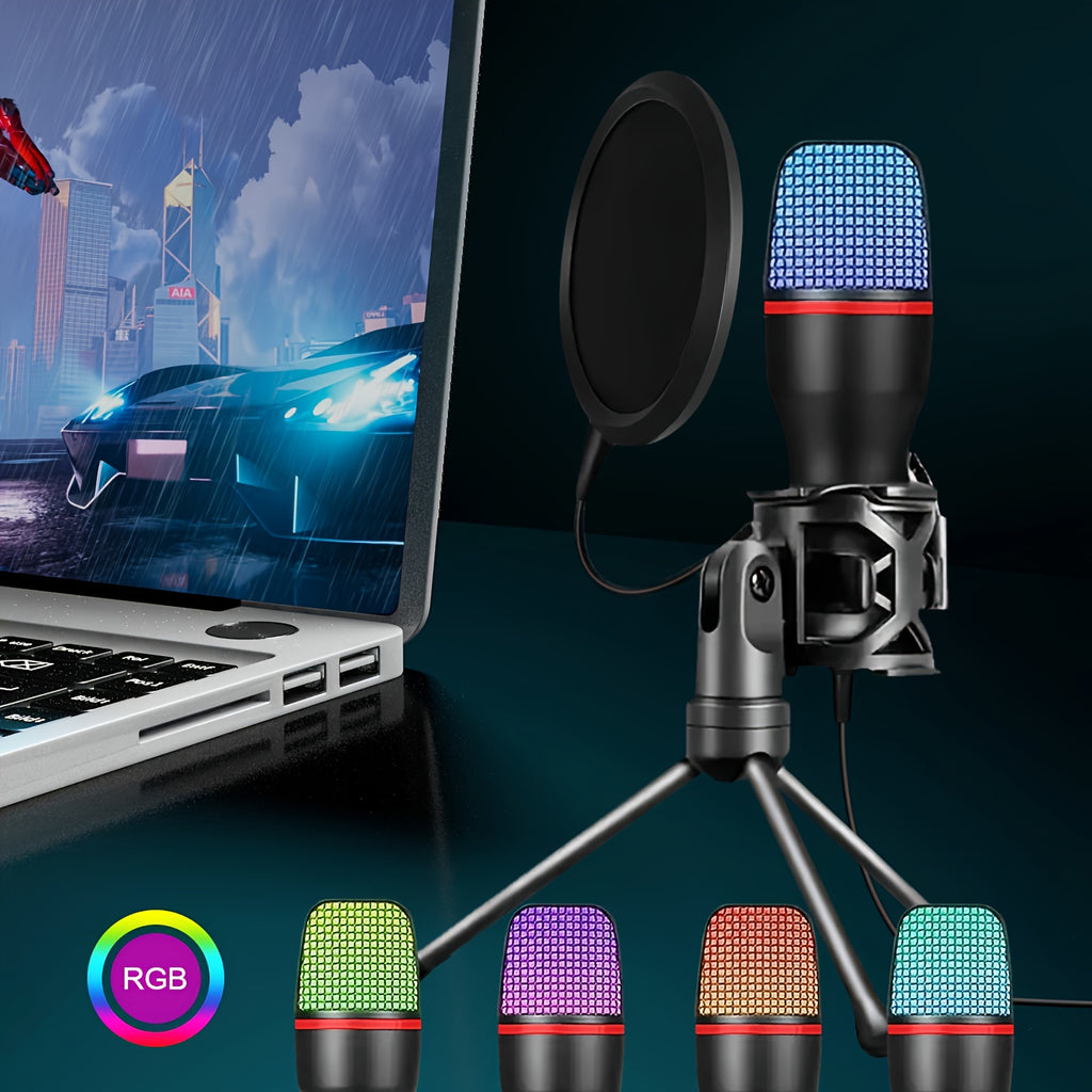 USB Streaming Podcast PC Microphone with RGB Lighting, Tripod Stand & Pop Filter, USB-C Connectivity, Small Diaphragm Condenser Mic, Plug & Play with Laptops and Desktop Computers, No Battery Required