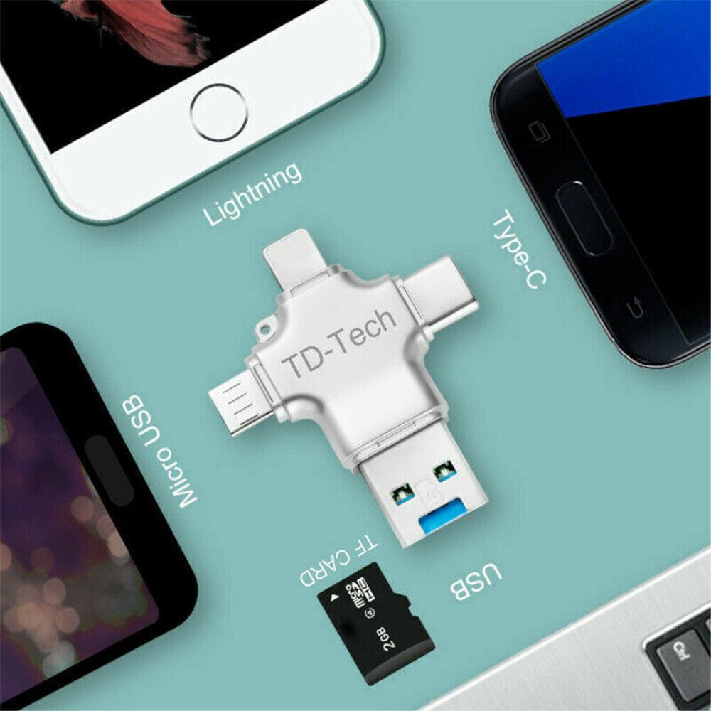 4 in 1 USB3.0 TF Flash Drive Type C Mobile Storage OTG Photo Stick U-Drive Files TF Card Reader For iPhone iPad Android Phone/Four in One Multifunctional OTG Adapter