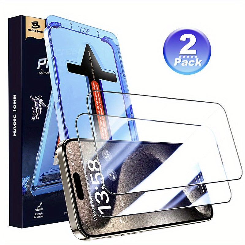 MAGIC JOHN 2 Pack for iPhone 15 Pro Max 6.7 inch Tempered Glass Screen Protector, Auto Dust-Elimination Installation, Bubble Free, Dynamic Island Compatible, HD Clear, Easy Installation