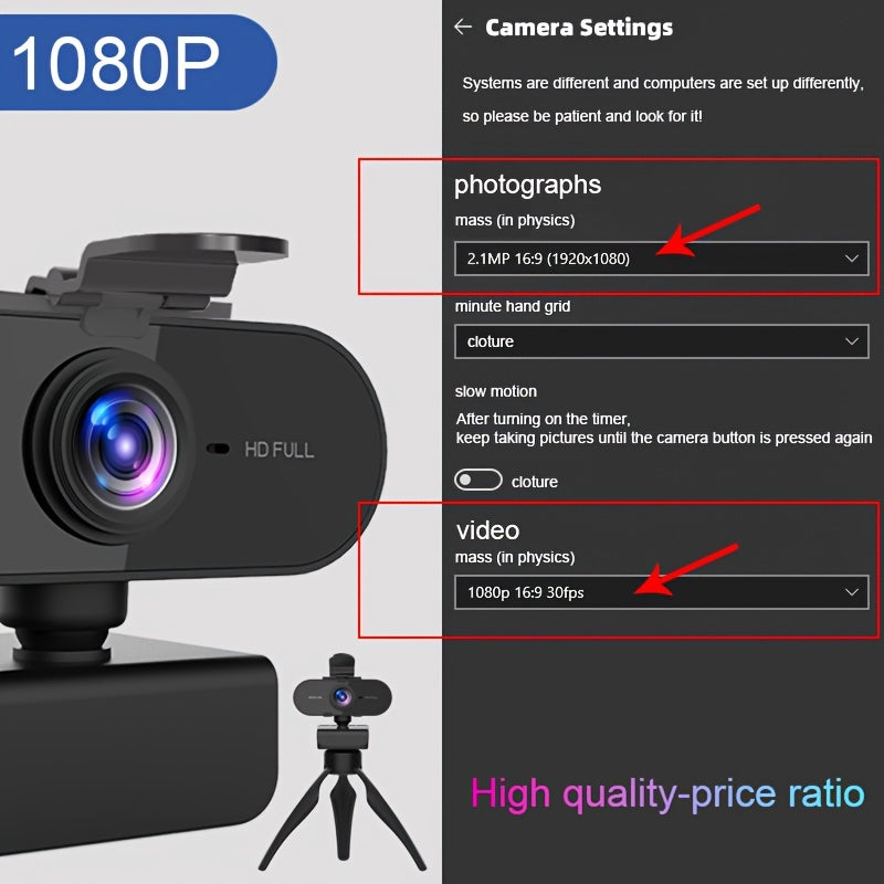 1080P HD Full Web Camera with Microphone, USB Powered, Auto Exposure, Fixed Focus, Prime Lens, for Video Conferencing, Online Meetings, Student Classroom, and Work Use