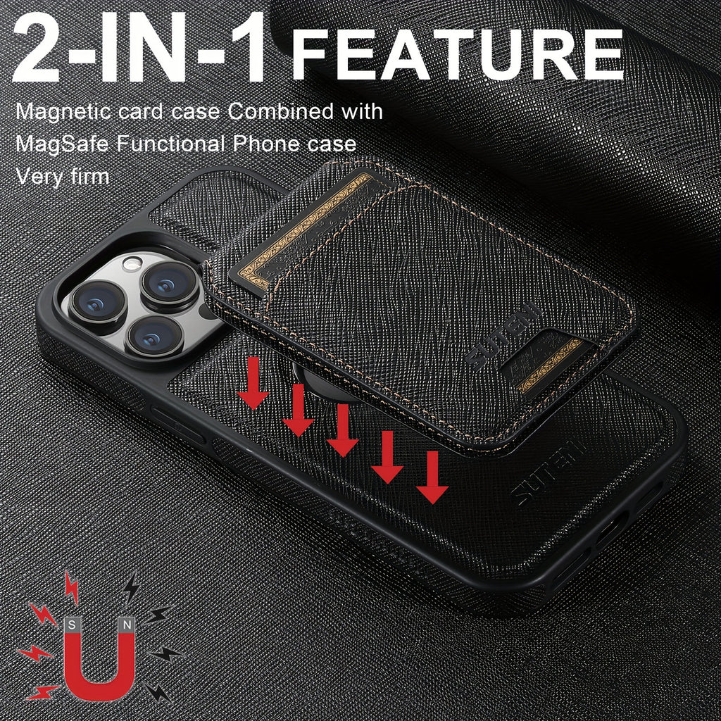 SUTENI Two-in-one Compatible Magnetic Wireless Charging Mobile Phone Case Luxury Faux Leather Card Holder Bracket Protective Case For iPhone 16 Pro Max 15 Plus 14 13 12