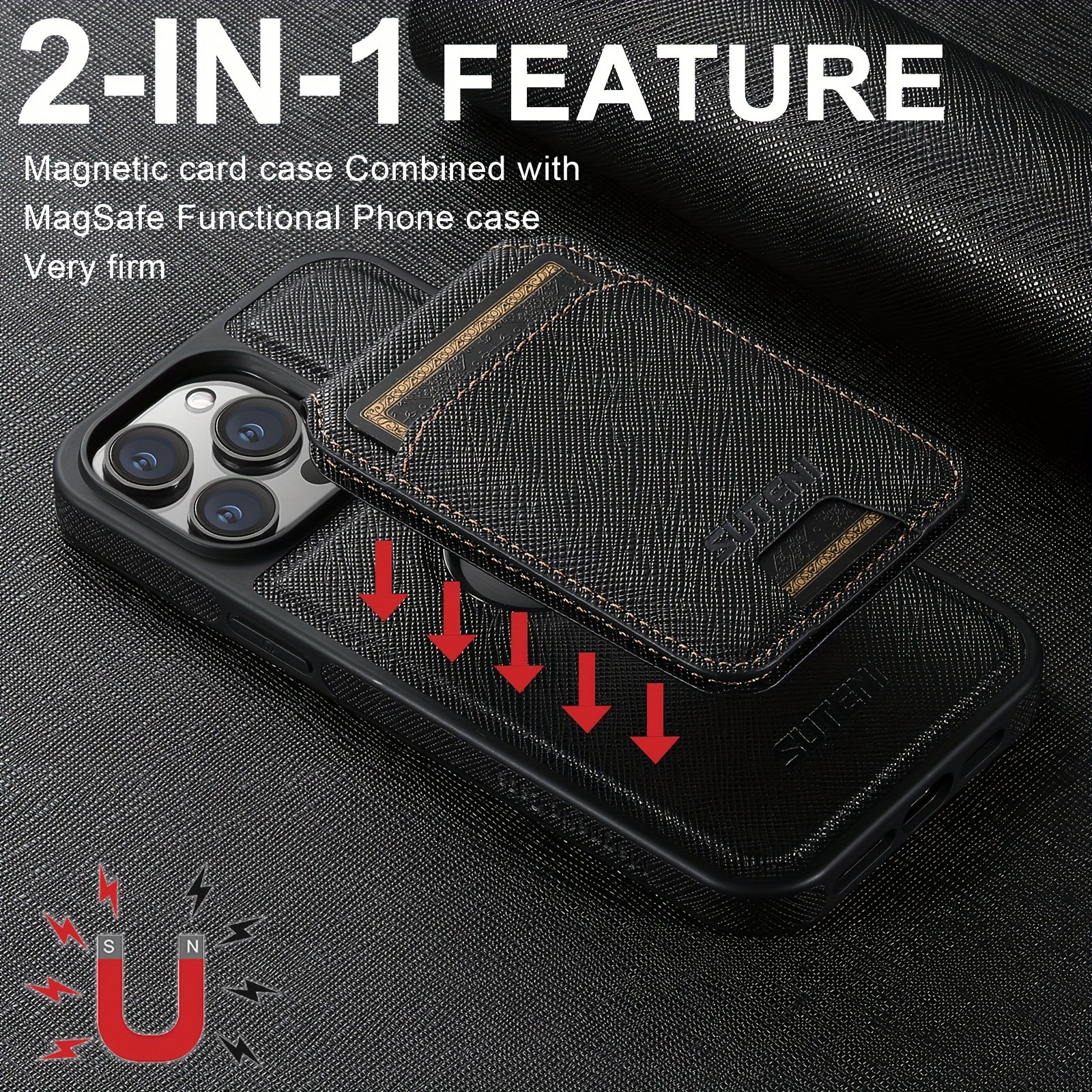 SUTENI Two-in-one Compatible Magnetic Wireless Charging Mobile Phone Case Luxury Faux Leather Card Holder Bracket Protective Case For iPhone 16 Pro Max 15 Plus 14 13 12