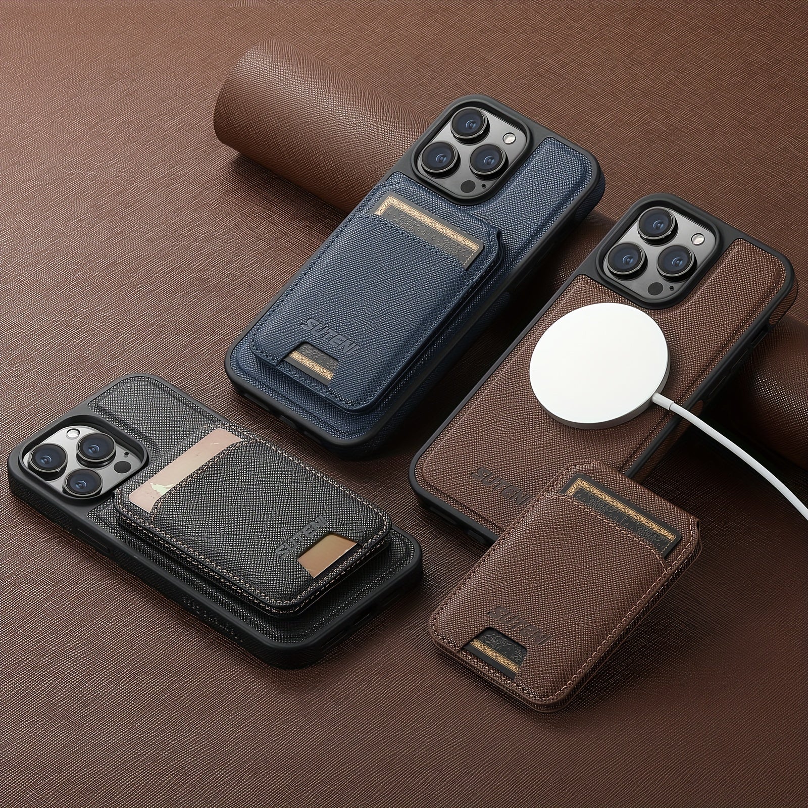 SUTENI Two-in-one Compatible Magnetic Wireless Charging Mobile Phone Case Luxury Faux Leather Card Holder Bracket Protective Case For iPhone 16 Pro Max 15 Plus 14 13 12