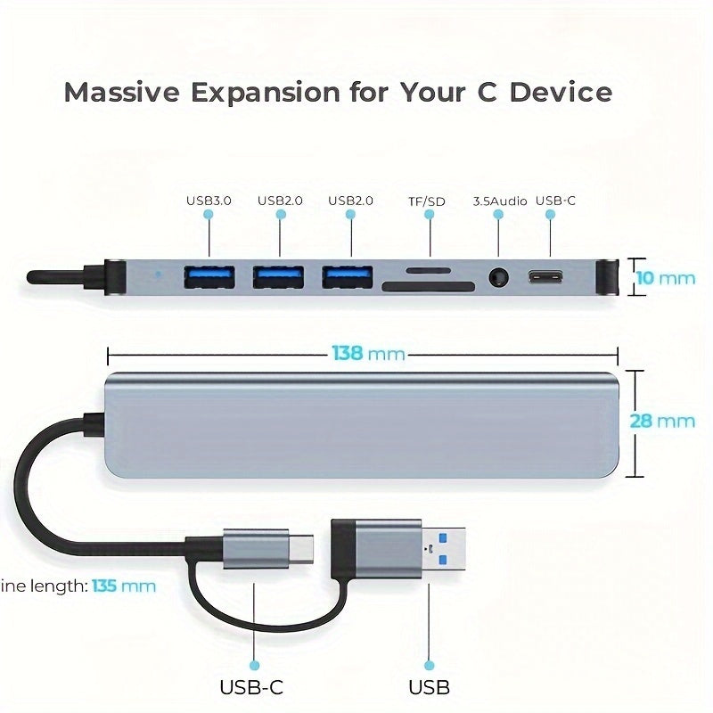 8-in-1 USB Hub With 4 USB Ports, USB-C Connector, TF/SD Card Reader, Audio Output, Compatible With MacBook/iPad Pro/Dell/HP Laptops & Phones, 5.3in Cable - High-Speed Data Transfer & Expansion