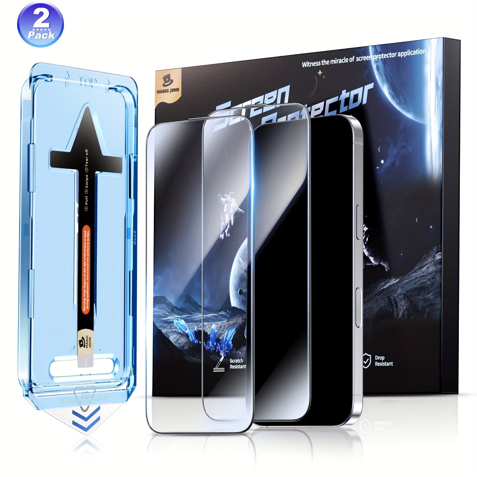 MAGIC JOHN 2 Pack For IPhone 16 Pro Max Plus Tempered Glass Screen Protector, Auto Dust-Elimination Installation, Bubble Free, Dynamic Island Compatible, HD Clear, Easy Installation