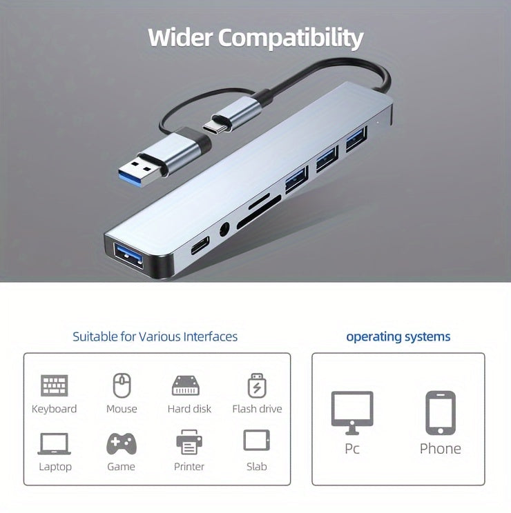 8-Port USB C Hub - Expand Your Laptop's Capabilities with USB 3.0, USB 2.0, Micro SD/TF Card Reader, Microphone/Audio, and More - Ideal for MacBook Pro, iMac, iPad Pro, and Other USB-C Devices
