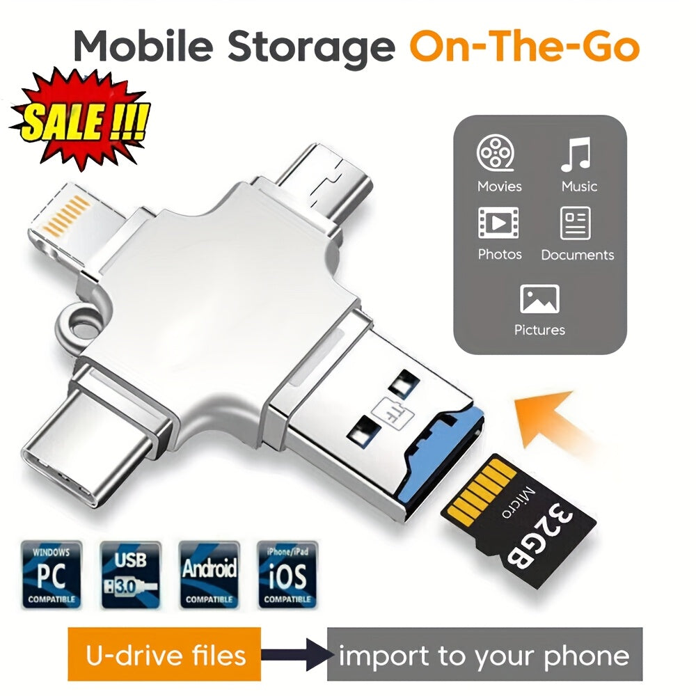 4 in 1 USB3.0 TF Flash Drive Type C Mobile Storage OTG Photo Stick U-Drive Files TF Card Reader For iPhone iPad Android Phone/Four in One Multifunctional OTG Adapter