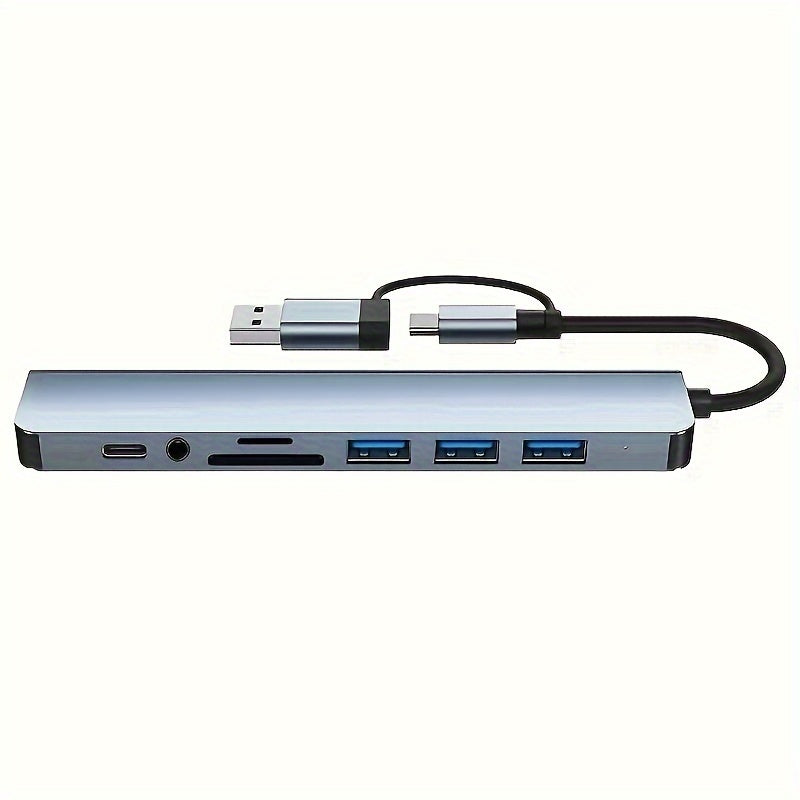 8-in-1 USB Hub With 4 USB Ports, USB-C Connector, TF/SD Card Reader, Audio Output, Compatible With MacBook/iPad Pro/Dell/HP Laptops & Phones, 5.3in Cable - High-Speed Data Transfer & Expansion