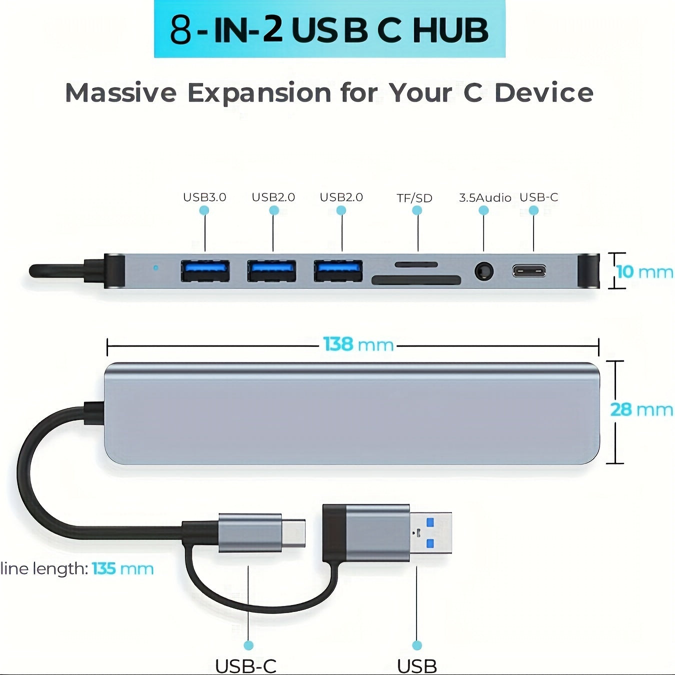 8-Port USB C Hub - Expand Your Laptop's Capabilities with USB 3.0, USB 2.0, Micro SD/TF Card Reader, Microphone/Audio, and More - Ideal for MacBook Pro, iMac, iPad Pro, and Other USB-C Devices