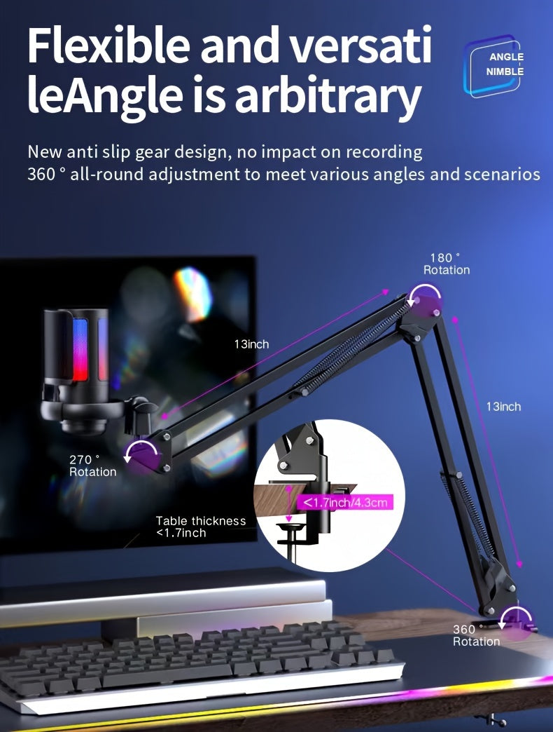 SHAWTY Gaming USB Microphone, Noise Cancellation Condenser mic with Noise Cancellation Condenser mic with Mute, Gain, Monitoring, Boom Arm, Microphone Compatible with PC/Laptop/Phone, Gaming USB Microphone for Streaming, Podc