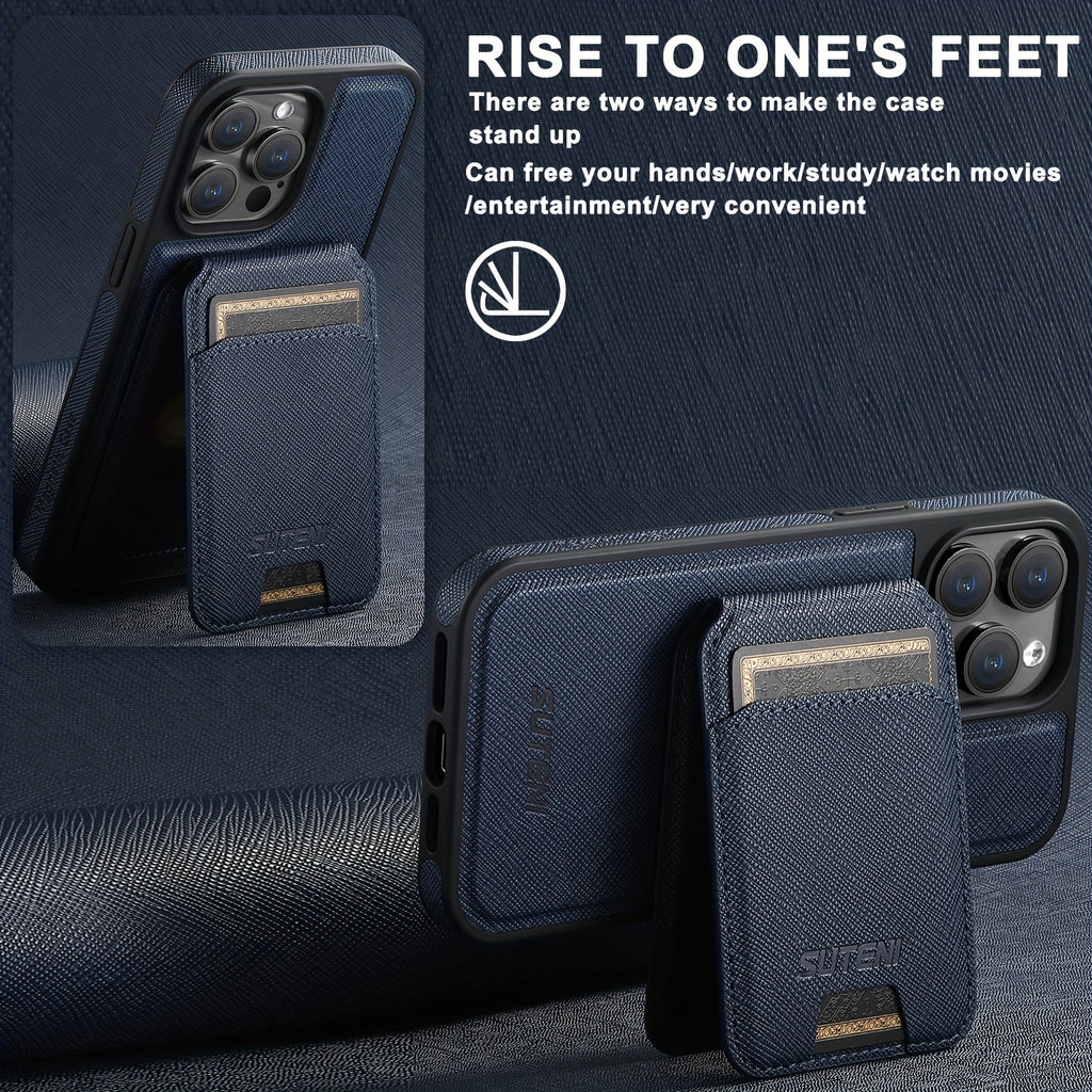 SUTENI Two-in-one Compatible Magnetic Wireless Charging Mobile Phone Case Luxury Faux Leather Card Holder Bracket Protective Case For iPhone 16 Pro Max 15 Plus 14 13 12