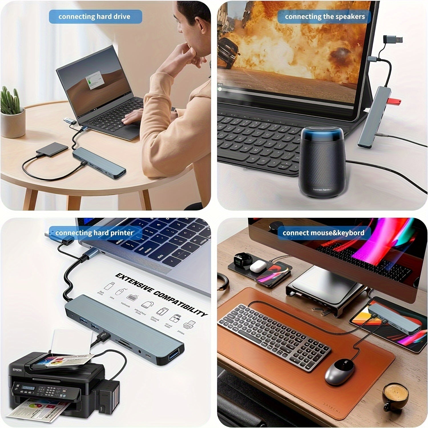 8-in-1 USB Hub With 4 USB Ports, USB-C Connector, TF/SD Card Reader, Audio Output, Compatible With MacBook/iPad Pro/Dell/HP Laptops & Phones, 5.3in Cable - High-Speed Data Transfer & Expansion