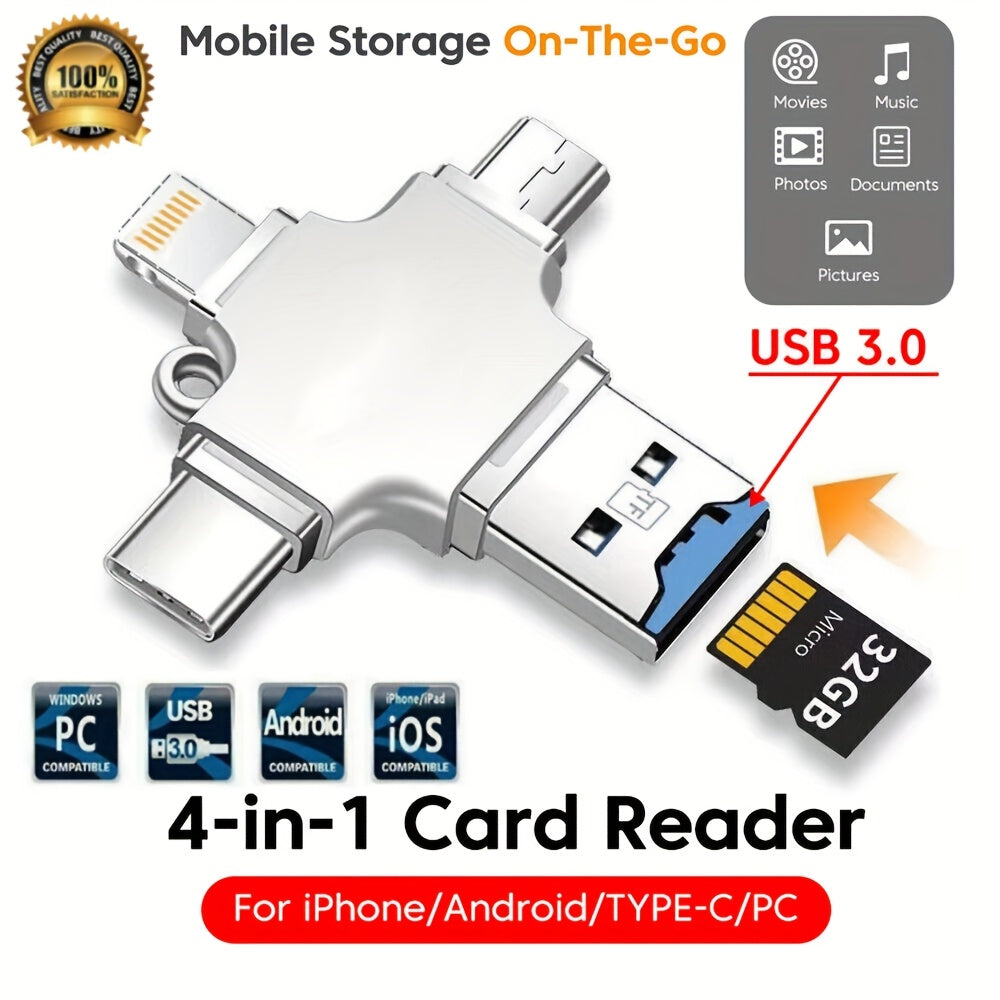 4 in 1 USB3.0 TF Flash Drive Type C Mobile Storage OTG Photo Stick U-Drive Files TF Card Reader For iPhone iPad Android Phone/Four in One Multifunctional OTG Adapter