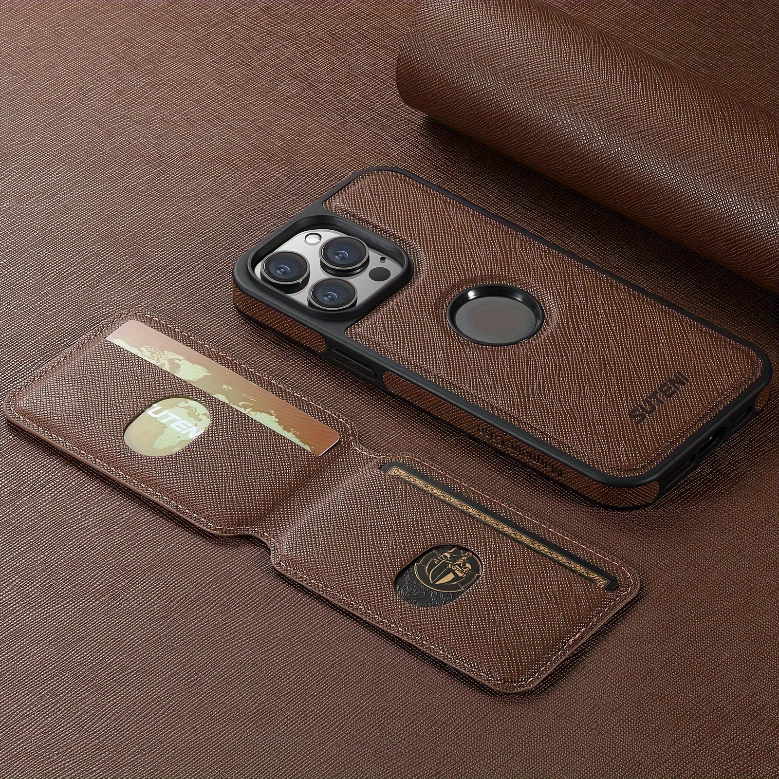 SUTENI Two-in-one Compatible Magnetic Wireless Charging Mobile Phone Case Luxury Faux Leather Card Holder Bracket Protective Case For iPhone 16 Pro Max 15 Plus 14 13 12