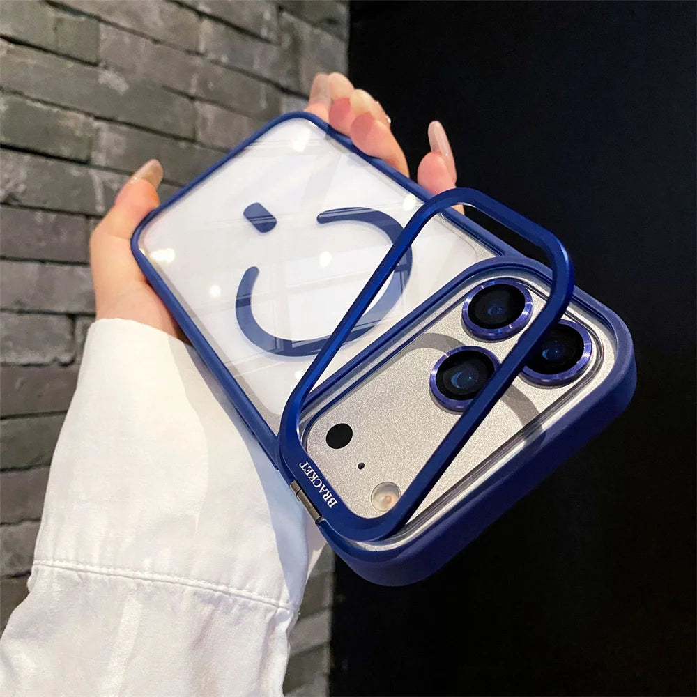 With Lens Film Protection Camera Alloy Bracket Transparent Acrylic Back Cover Magnetic Case for IPhone 17 16 14 15 13 12 Pro Max