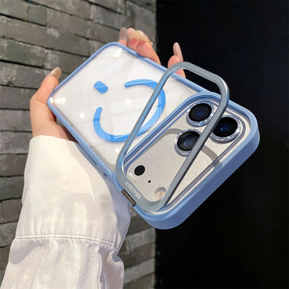 With Lens Film Protection Camera Alloy Bracket Transparent Acrylic Back Cover Magnetic Case for IPhone 17 16 14 15 13 12 Pro Max