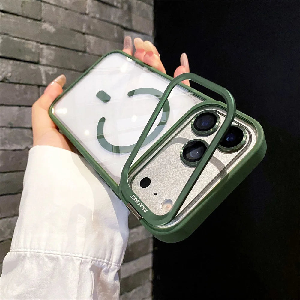 With Lens Film Protection Camera Alloy Bracket Transparent Acrylic Back Cover Magnetic Case for IPhone 17 16 14 15 13 12 Pro Max