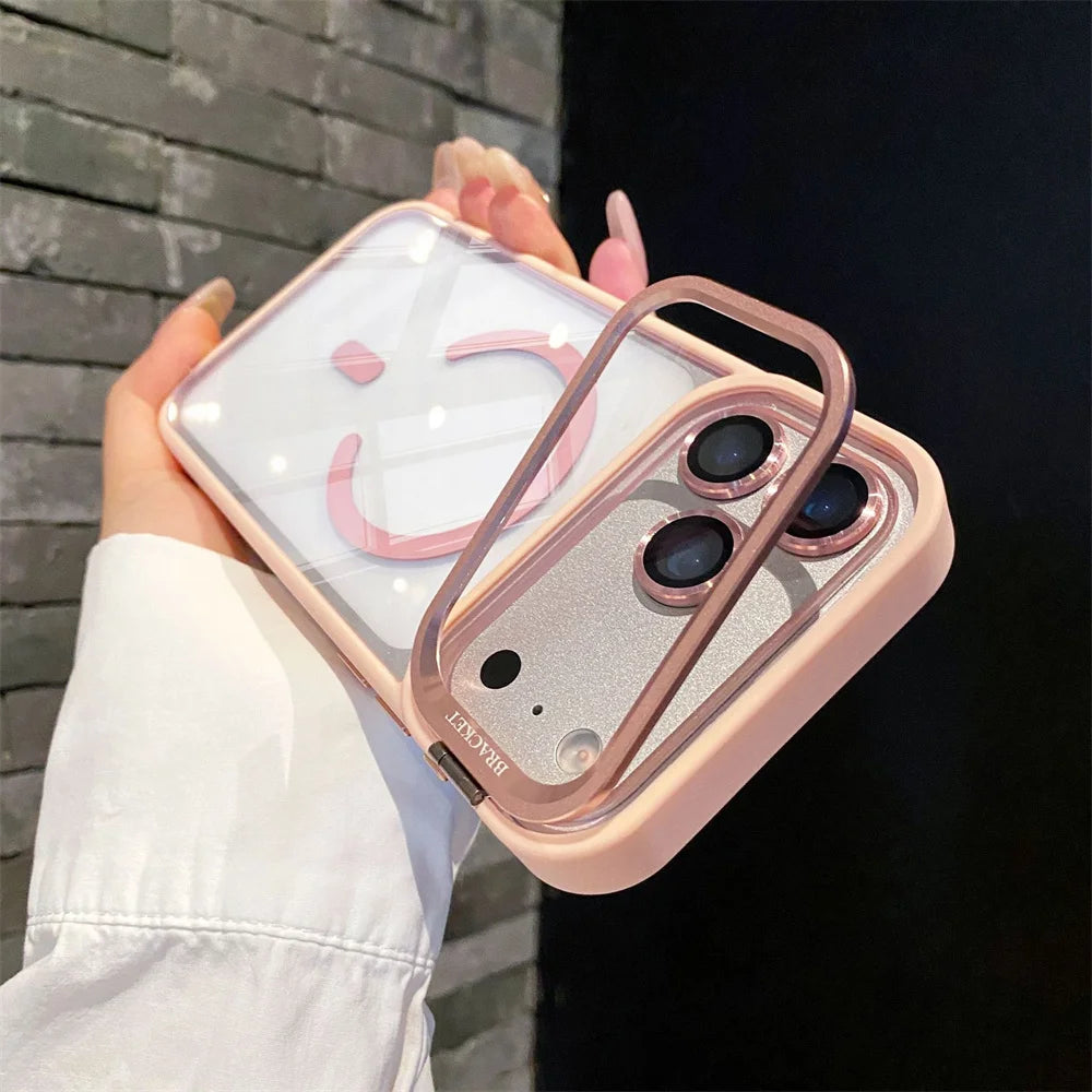 With Lens Film Protection Camera Alloy Bracket Transparent Acrylic Back Cover Magnetic Case for IPhone 17 16 14 15 13 12 Pro Max