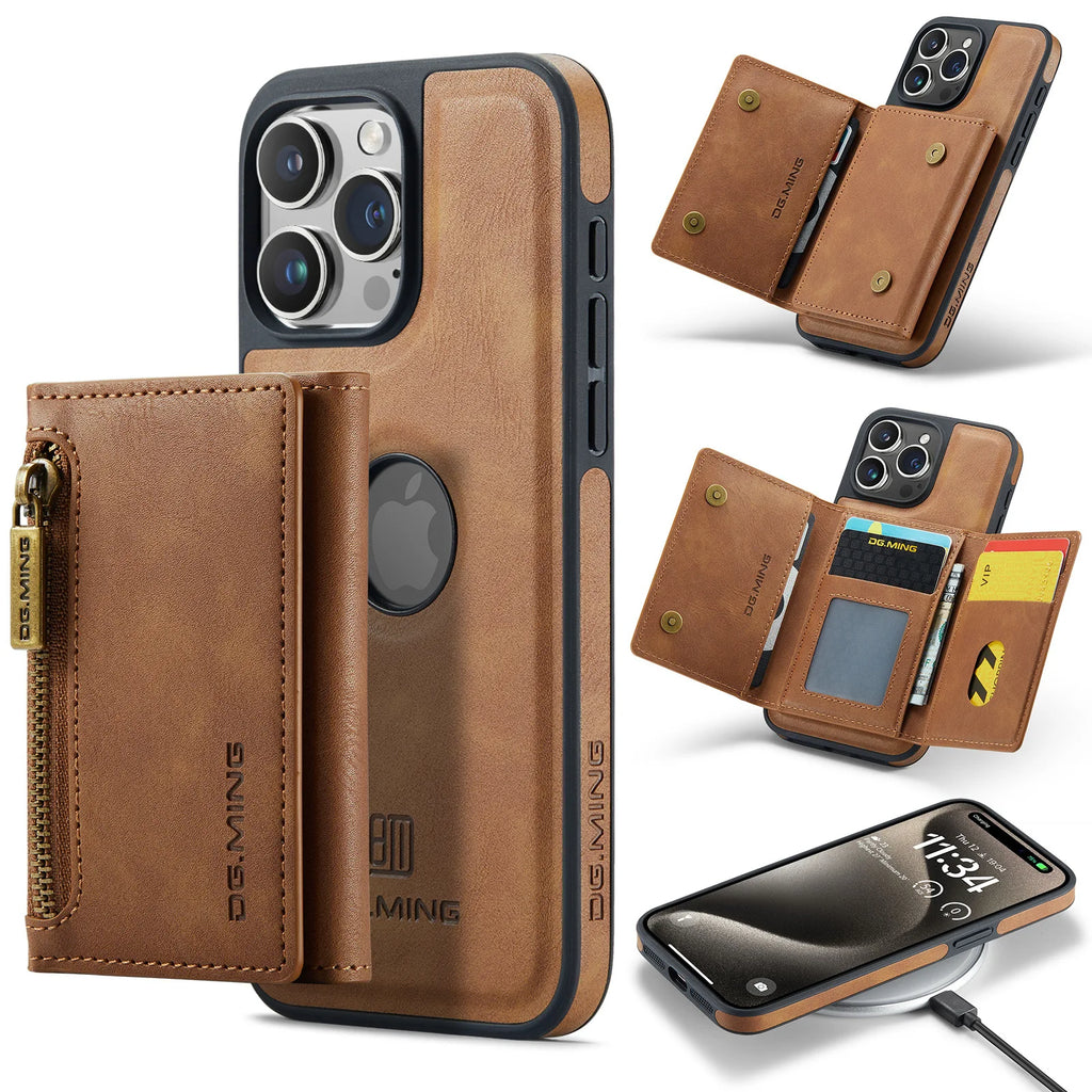 Magnetic Leather Wallet Phone Case Removable Wireless Charging Cover for iPhone 11 12 13 14 15