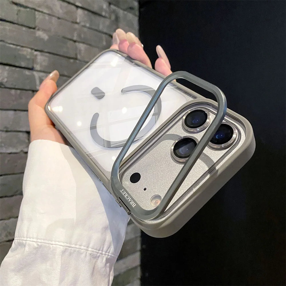 With Lens Film Protection Camera Alloy Bracket Transparent Acrylic Back Cover Magnetic Case for IPhone 17 16 14 15 13 12 Pro Max