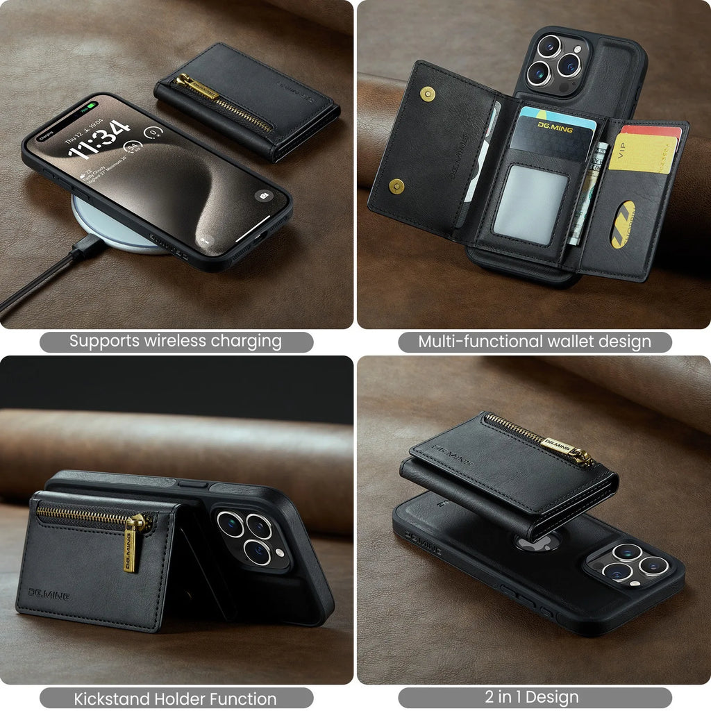 Magnetic Leather Wallet Phone Case Removable Wireless Charging Cover for iPhone 11 12 13 14 15