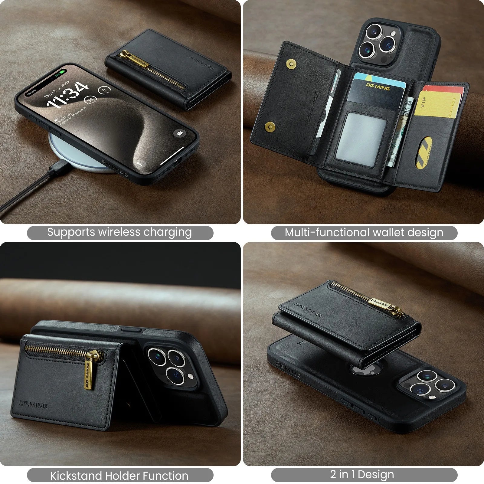 Magnetic Leather Wallet Phone Case Removable Wireless Charging Cover for iPhone 11 12 13 14 15