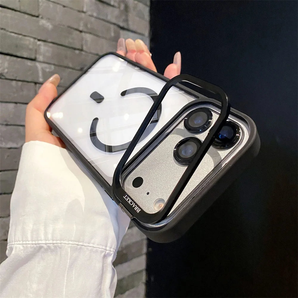 With Lens Film Protection Camera Alloy Bracket Transparent Acrylic Back Cover Magnetic Case for IPhone 17 16 14 15 13 12 Pro Max