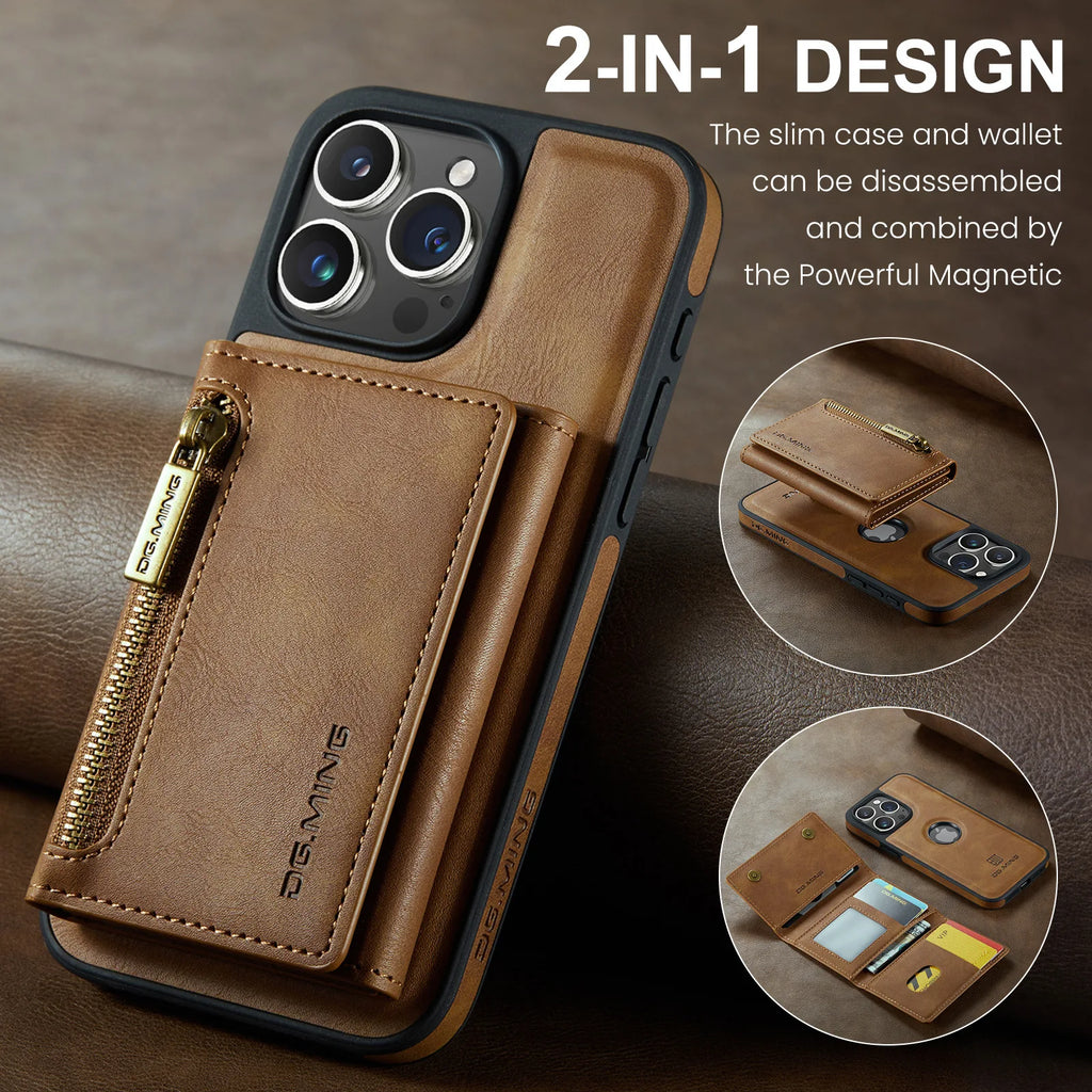 Magnetic Leather Wallet Phone Case Removable Wireless Charging Cover for iPhone 11 12 13 14 15