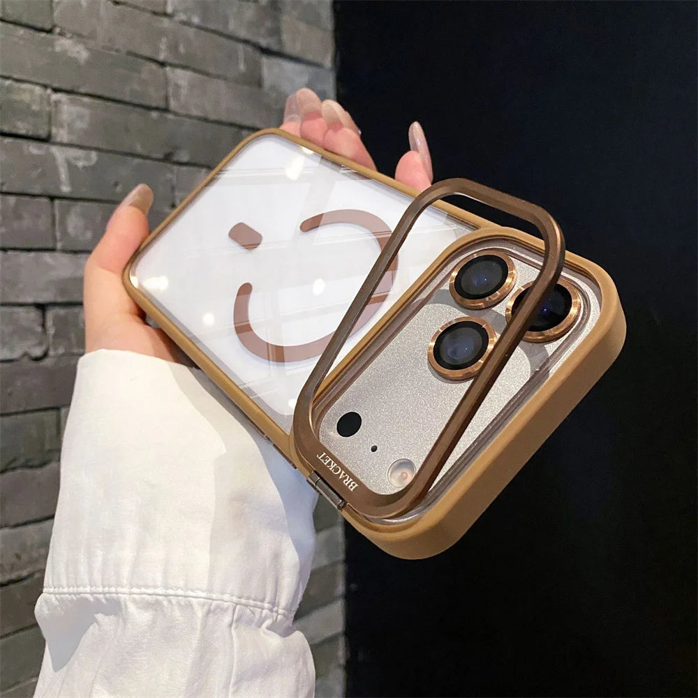 With Lens Film Protection Camera Alloy Bracket Transparent Acrylic Back Cover Magnetic Case for IPhone 17 16 14 15 13 12 Pro Max