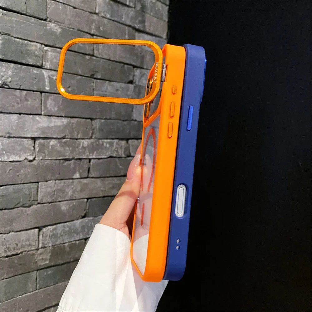 With Lens Film Protection Camera Alloy Bracket Transparent Acrylic Back Cover Magnetic Case for IPhone 17 16 14 15 13 12 Pro Max