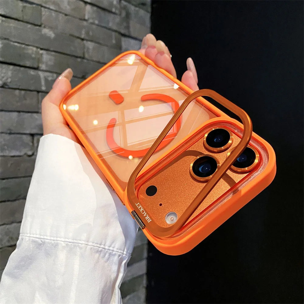 With Lens Film Protection Camera Alloy Bracket Transparent Acrylic Back Cover Magnetic Case for IPhone 17 16 14 15 13 12 Pro Max