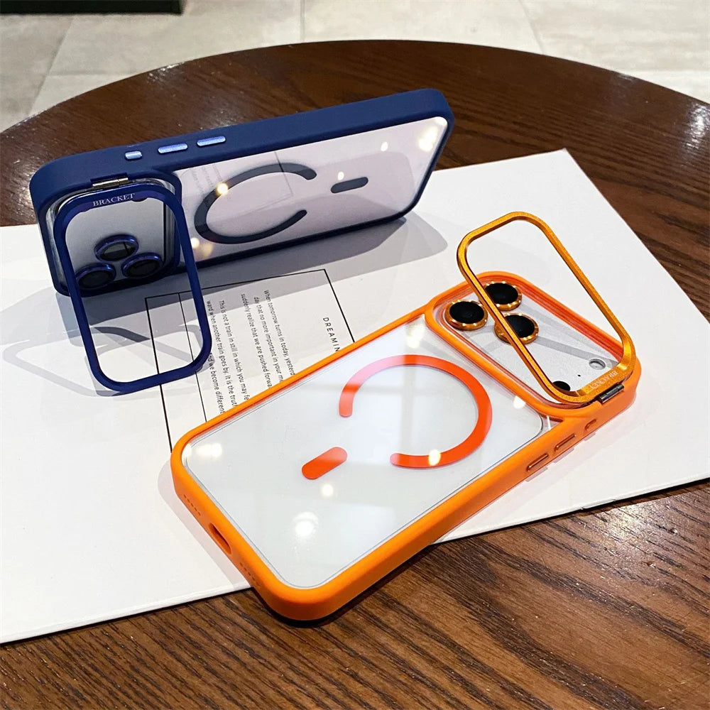 With Lens Film Protection Camera Alloy Bracket Transparent Acrylic Back Cover Magnetic Case for IPhone 17 16 14 15 13 12 Pro Max