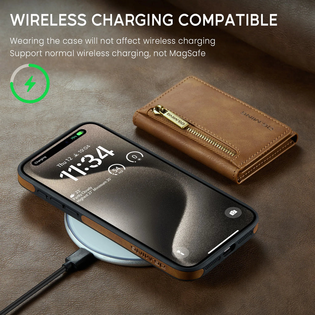 Magnetic Leather Wallet Phone Case Removable Wireless Charging Cover for iPhone 11 12 13 14 15