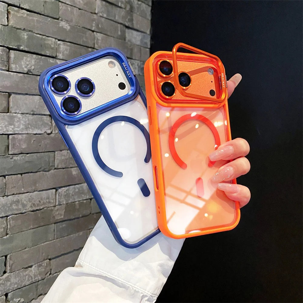 With Lens Film Protection Camera Alloy Bracket Transparent Acrylic Back Cover Magnetic Case for IPhone 17 16 14 15 13 12 Pro Max