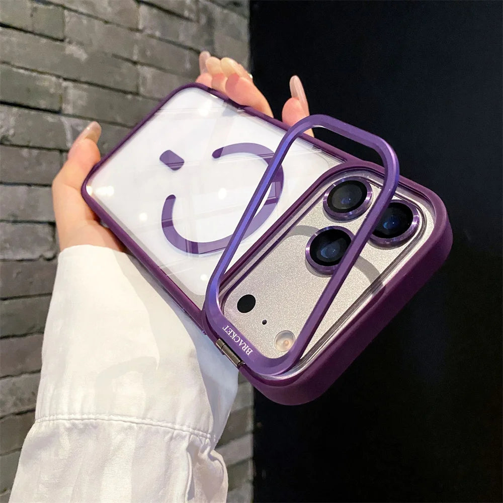 With Lens Film Protection Camera Alloy Bracket Transparent Acrylic Back Cover Magnetic Case for IPhone 17 16 14 15 13 12 Pro Max