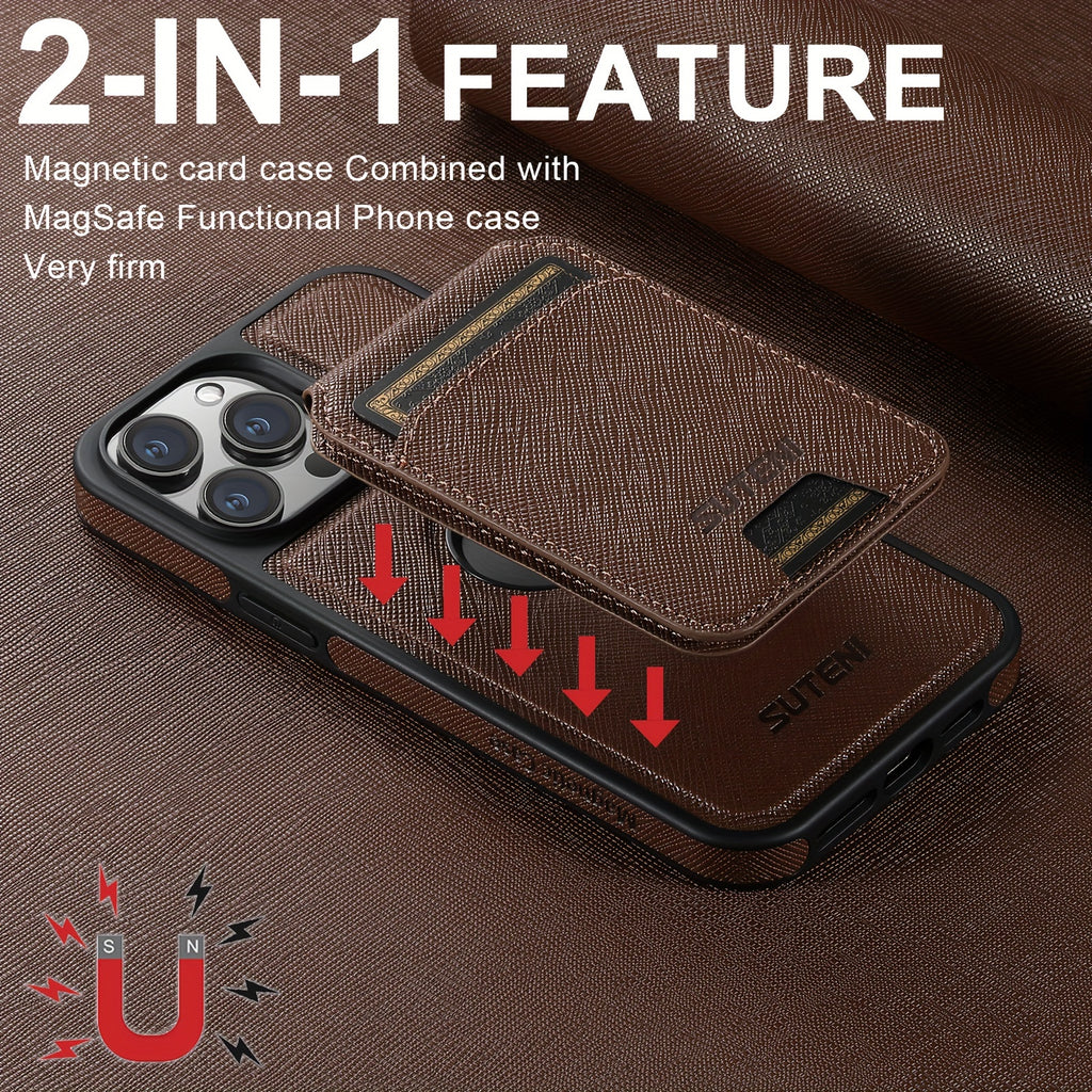 SUTENI Two-in-one Compatible Magnetic Wireless Charging Mobile Phone Case Luxury Faux Leather Card Holder Bracket Protective Case For iPhone 16 Pro Max 15 Plus 14 13 12