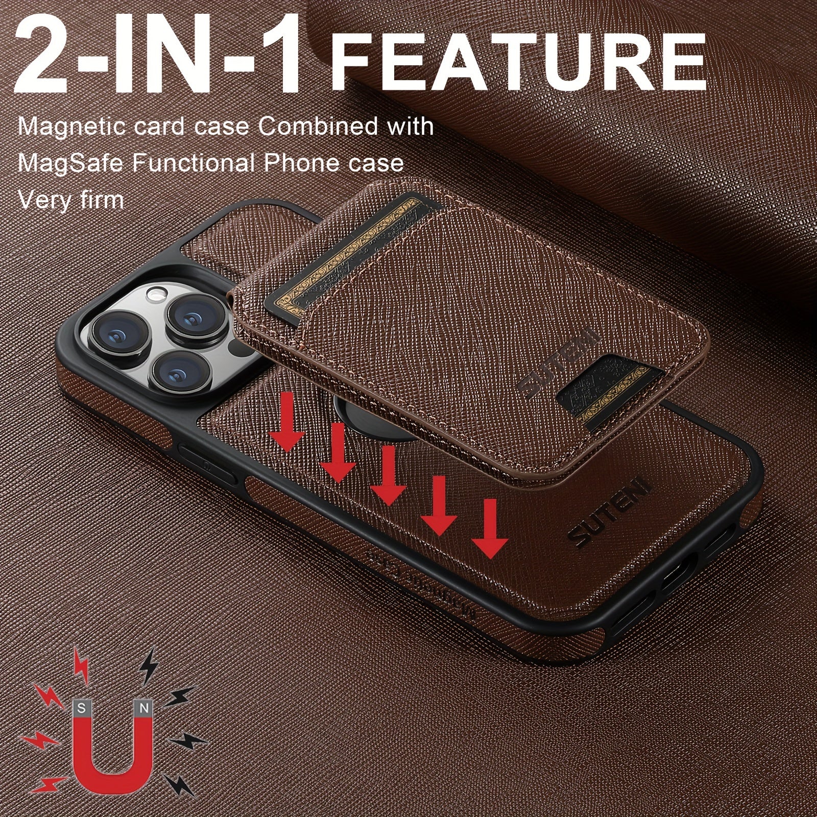 SUTENI Two-in-one Compatible Magnetic Wireless Charging Mobile Phone Case Luxury Faux Leather Card Holder Bracket Protective Case For iPhone 16 Pro Max 15 Plus 14 13 12