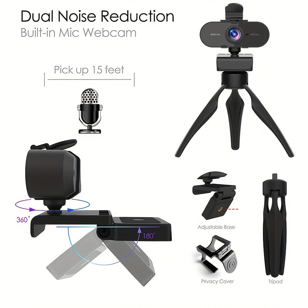 1080P HD Full Web Camera with Microphone, USB Powered, Auto Exposure, Fixed Focus, Prime Lens, for Video Conferencing, Online Meetings, Student Classroom, and Work Use