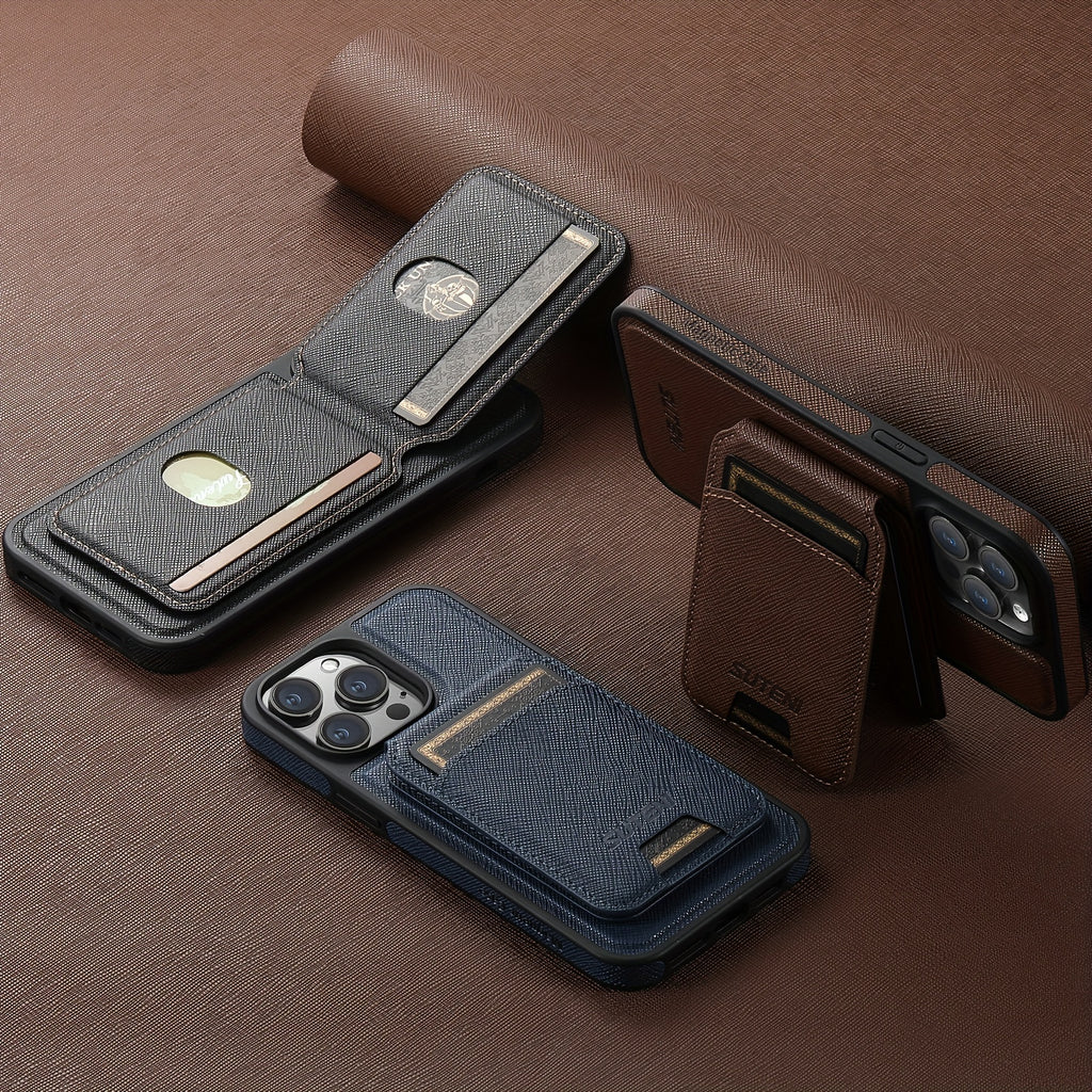 SUTENI Two-in-one Compatible Magnetic Wireless Charging Mobile Phone Case Luxury Faux Leather Card Holder Bracket Protective Case For iPhone 16 Pro Max 15 Plus 14 13 12
