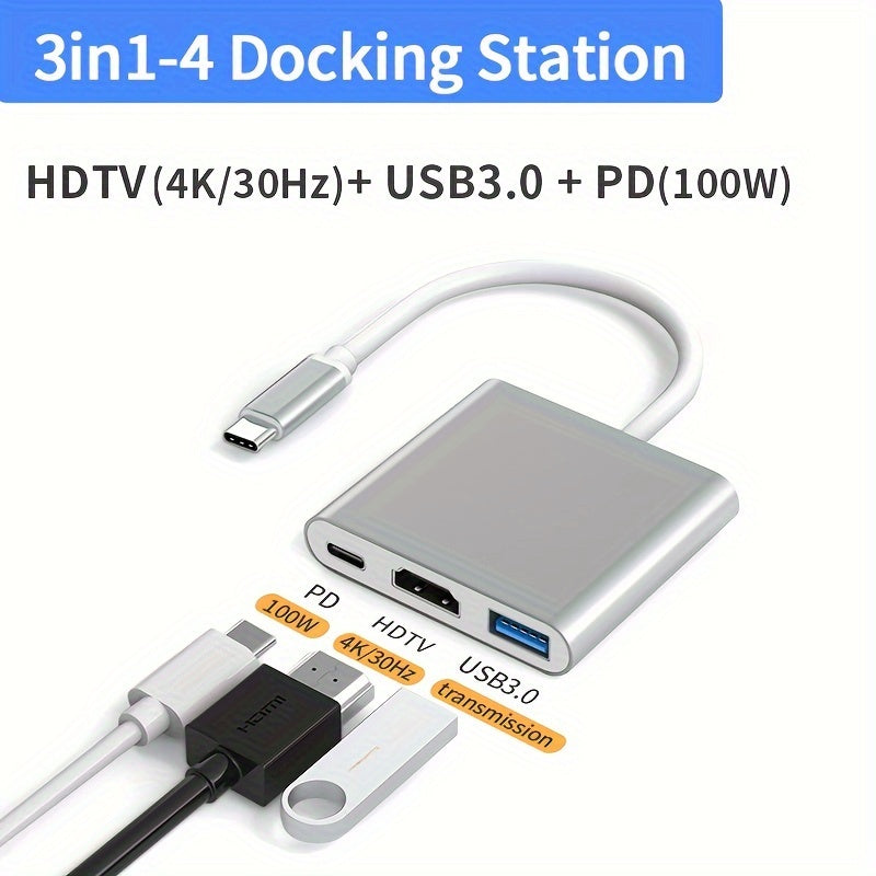 Type-C Docking Station 3 In 1 Hub With Connector For HDTV+USB+PD Ports Support 4K HD PD 100W Fast Charging Compatible With Macbook/iPad/Samsung/Switch