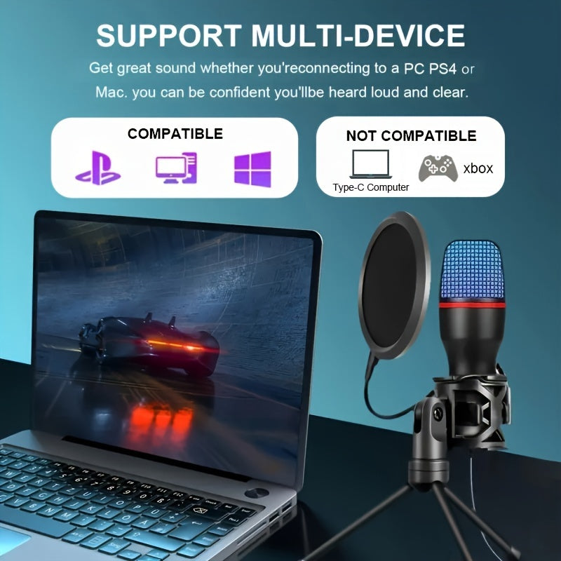 USB Streaming Podcast PC Microphone with RGB Lighting, Tripod Stand & Pop Filter, USB-C Connectivity, Small Diaphragm Condenser Mic, Plug & Play with Laptops and Desktop Computers, No Battery Required