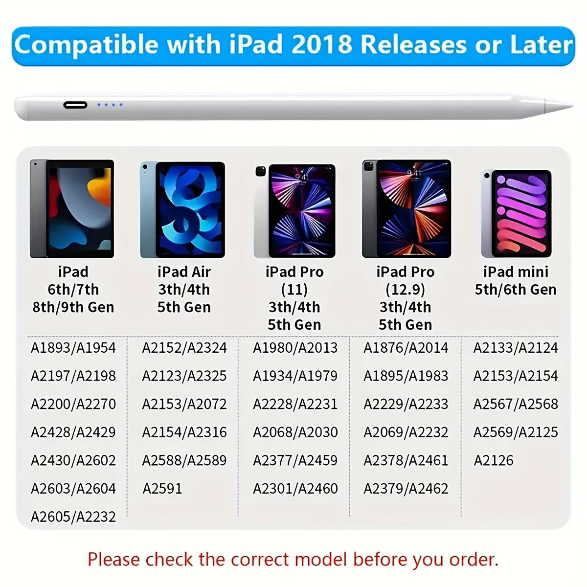 Stylus Pen for iPad - Fast Charging, Compatible with Apple Pencil 2nd Gen, iPad 9th/10th Gen, iPad Pro 11/12.9 3/4/5 Gen, iPad Mini 5/6, iPad 6/7/8, iPad Air 3/4/5, and More (2018-2024)