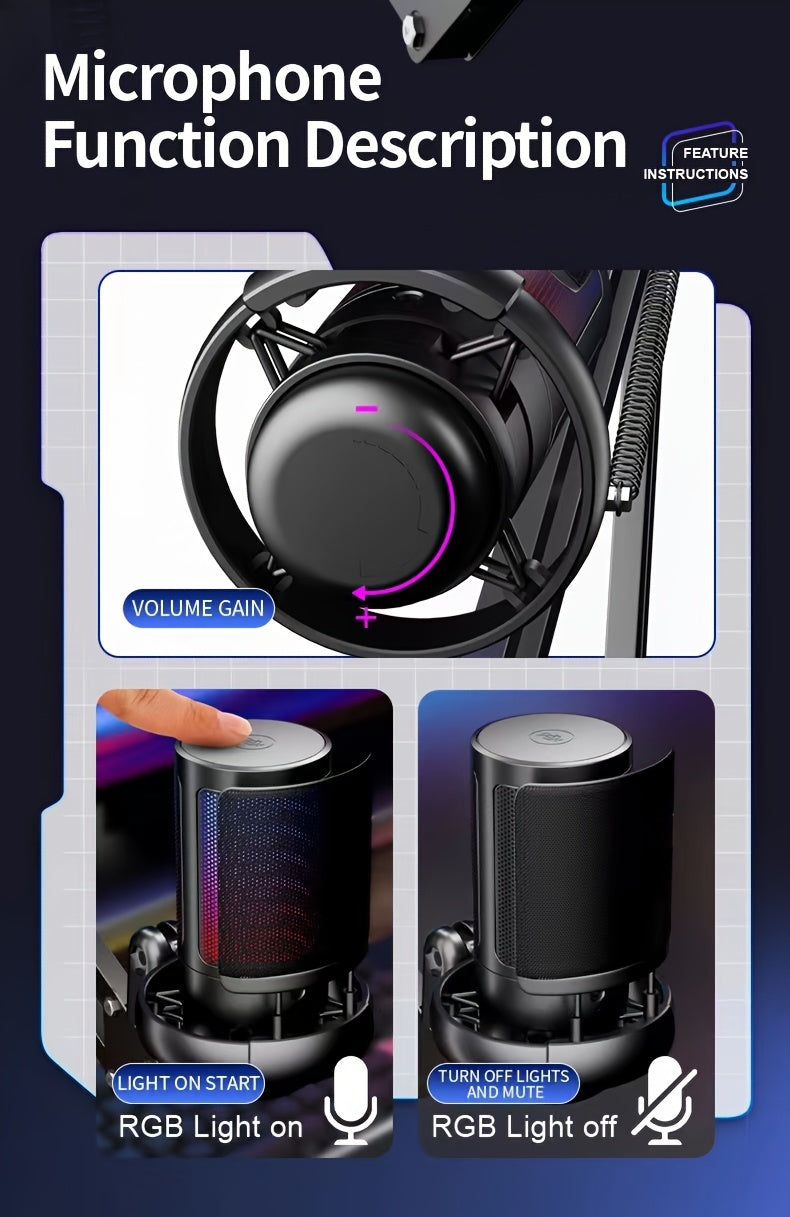 SHAWTY Gaming USB Microphone, Noise Cancellation Condenser mic with Noise Cancellation Condenser mic with Mute, Gain, Monitoring, Boom Arm, Microphone Compatible with PC/Laptop/Phone, Gaming USB Microphone for Streaming, Podc