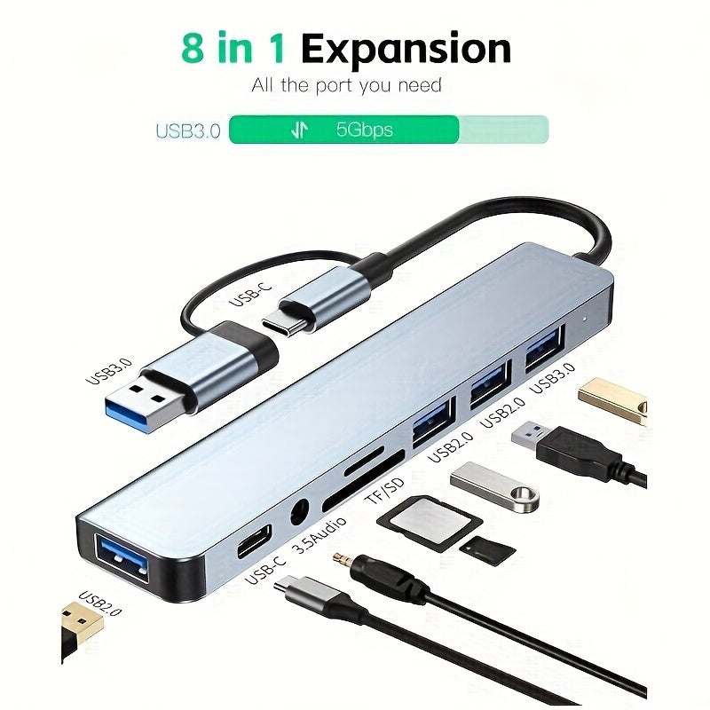 8-in-1 USB Hub With 4 USB Ports, USB-C Connector, TF/SD Card Reader, Audio Output, Compatible With MacBook/iPad Pro/Dell/HP Laptops & Phones, 5.3in Cable - High-Speed Data Transfer & Expansion