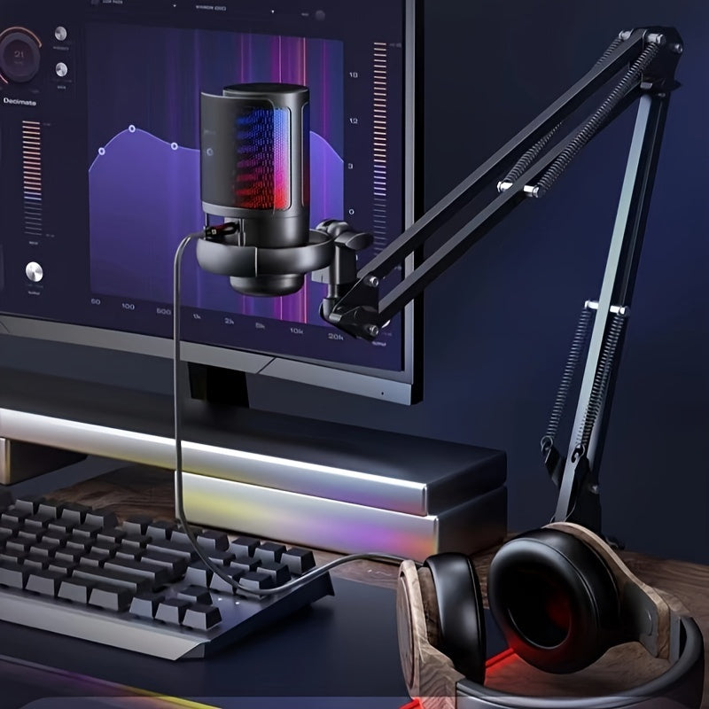 SHAWTY Gaming USB Microphone, Noise Cancellation Condenser mic with Noise Cancellation Condenser mic with Mute, Gain, Monitoring, Boom Arm, Microphone Compatible with PC/Laptop/Phone, Gaming USB Microphone for Streaming, Podc